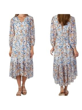 Joie Floral V-Neck Tiered Midi Dress in Light Blue and Tan